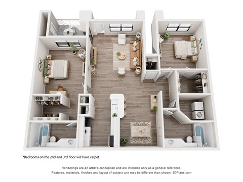 Floor plan for 2 beds, 2 baths, 989 sqft